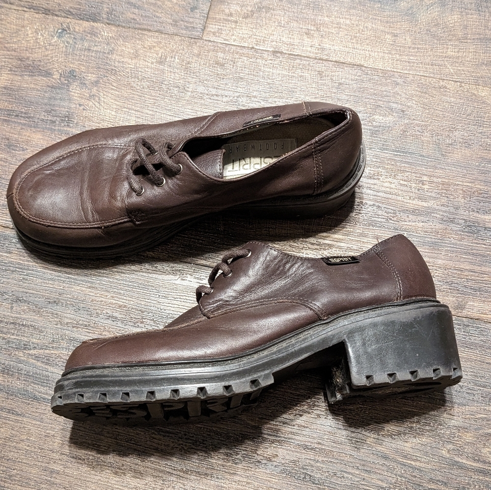 90's Y2K Esprit 7 Womens Brown Leather Chunky Heel Shoes Lace Up Vintage
